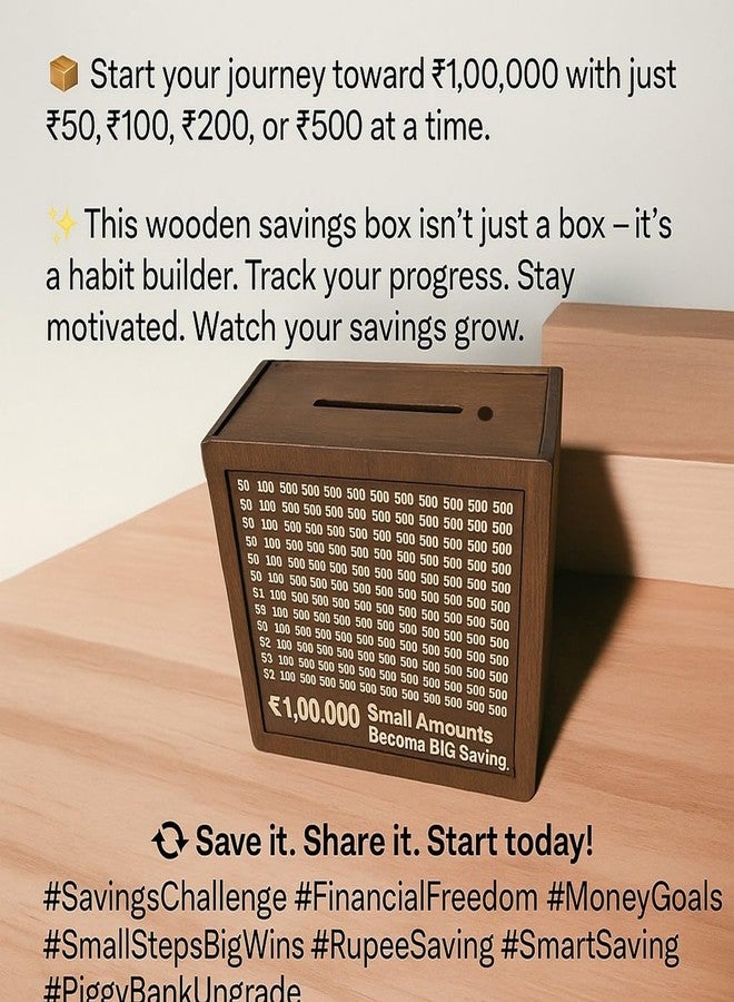 LINGAZ Wooden Piggy Bank for Kids & Adults, Coin Box with Carved Design, Savings Box, Mini Bank, Donation Box, Smart Money Box,Money Saving Box for Adults, Large Capacity 100000 Coins Storage - Image 3